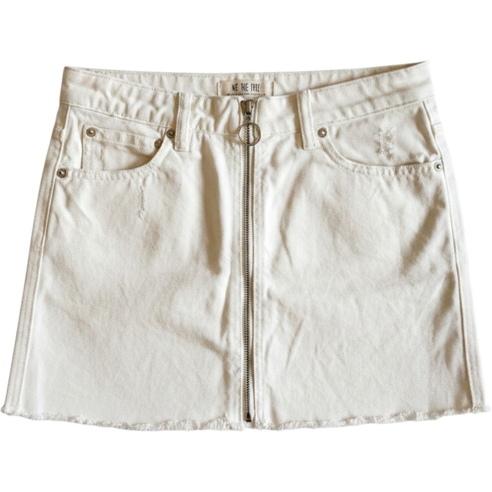 We The Free People White Denim Zipper Front Distressed Mini Skirt Size 27